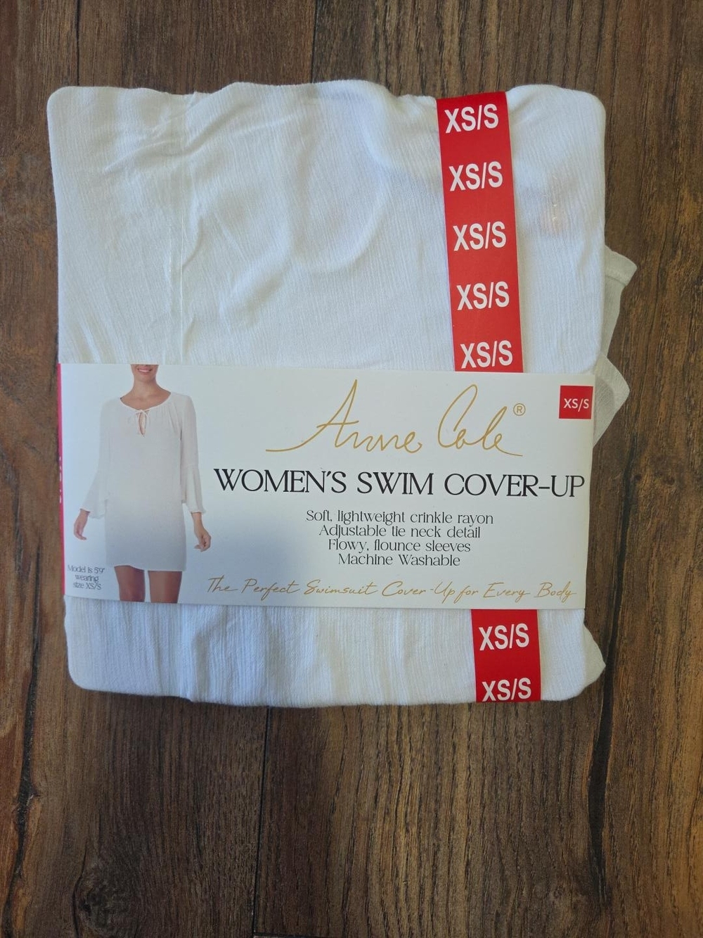 Anne Cole White Swim Cover Up XS/S Crinkle Rayon Tie Neck Flounce Sleeve New